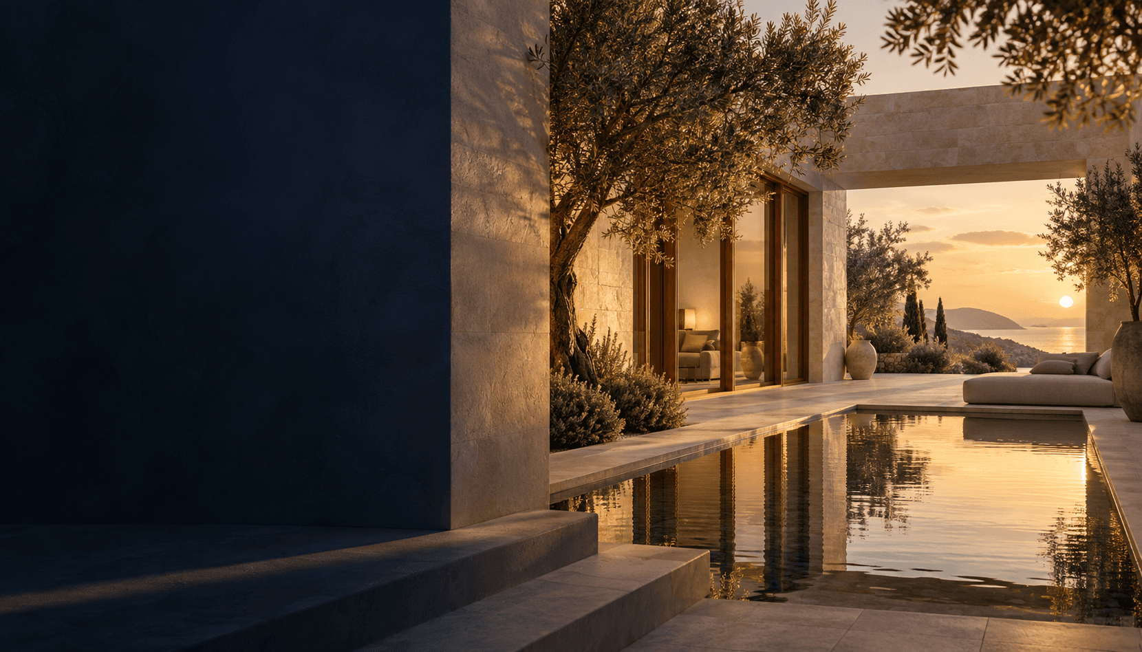 Generated architectural inspiration: a limestone courtyard in evening light. Not an available listing.